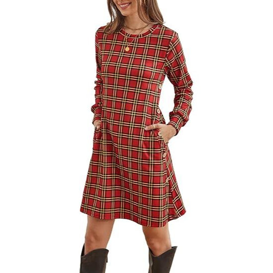 Women's long-sleeved casual round neck plaid dress