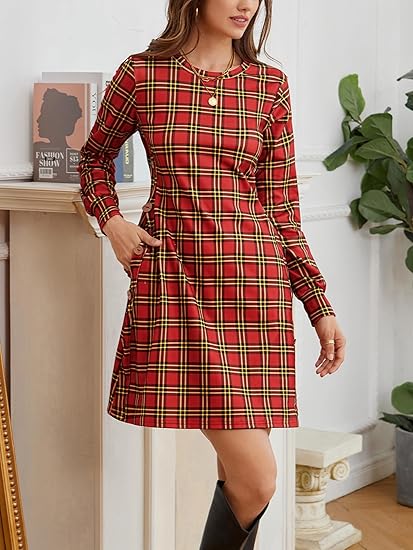 Women's long-sleeved casual round neck plaid dress