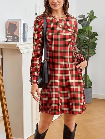 Women's long-sleeved casual round neck plaid dress